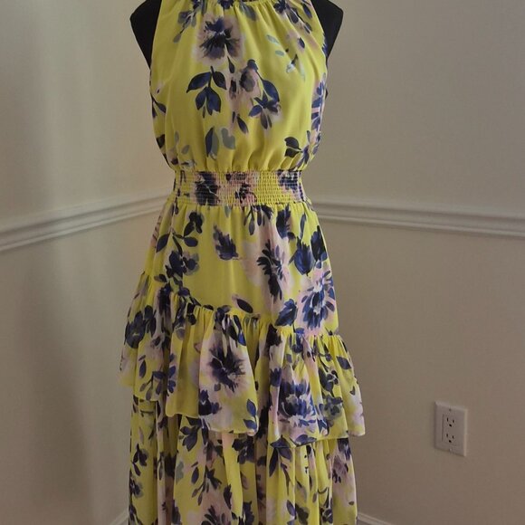 Eliza J Yellow Chiffon Dress with Blue Floral Print, Size 6 - Picture 4 of 9